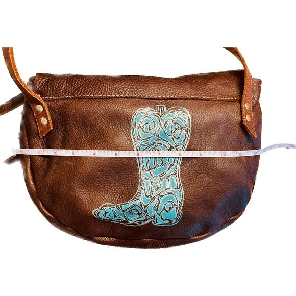 Leather crossbody handbag with painted floral cowboy boot in teal and silver. - Picture 5 of 7